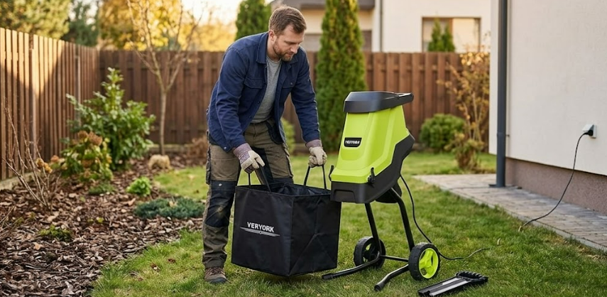 Yeryork chipper running in a real backyard — branches being fed into hopper