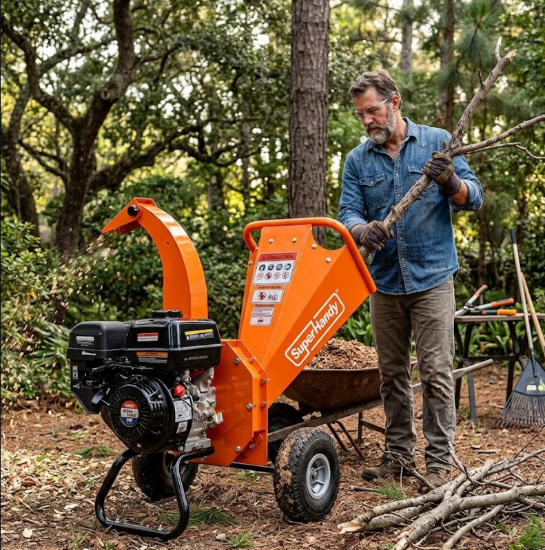 SuperHandy Mini Wood Chipper 7HP — full unit in the yard