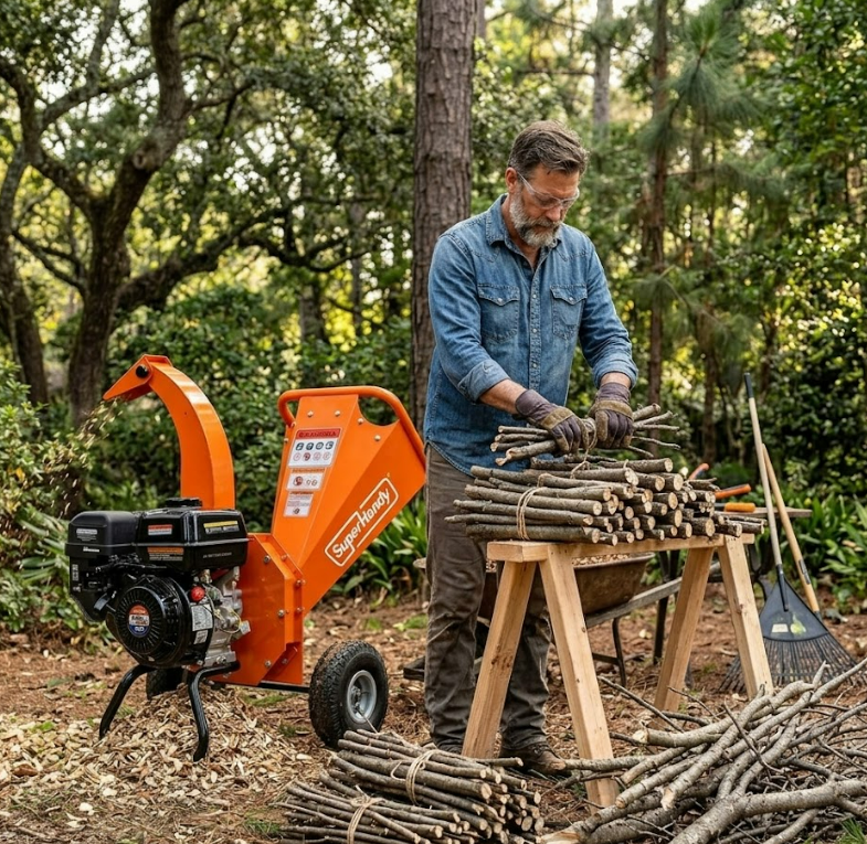 SuperHandy side chute — feeding fresh privet after rain, pace matters